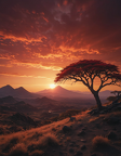 Zdjęcie przedstawia samotne drzewo na tle zachodzącego słońca na pustyni.